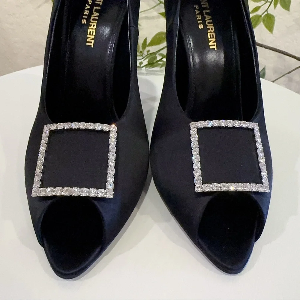 Authentic Saint Laurent Black Frankly 115 Satin Peep Pump Sandals Size 38.5 NIB - Picture 3 of 15
